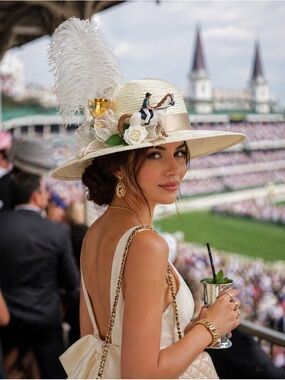 Elegant White Wide-Brim Hat with Horse, Trophy, and Rose Floral Trim
